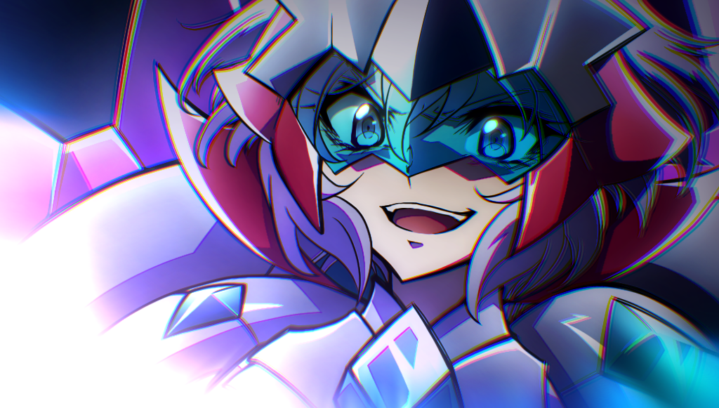 1girl, armor, assault_visor, close-up, evil_smile, hair_between_eyes, helmet, nefushutan_no_yoroi