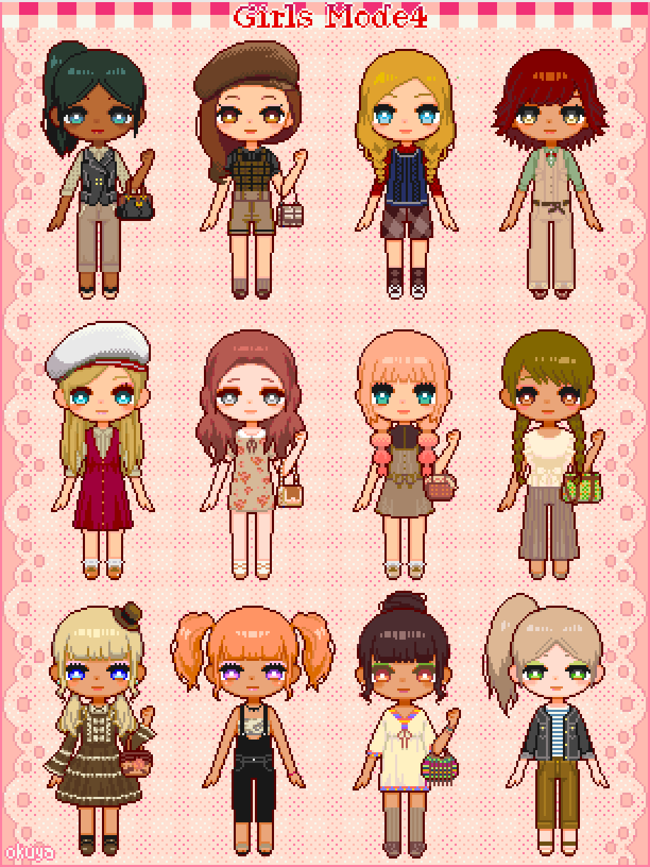 6+girls, bag, beret, blonde_hair, braid, brown_hair, character_request, chibi