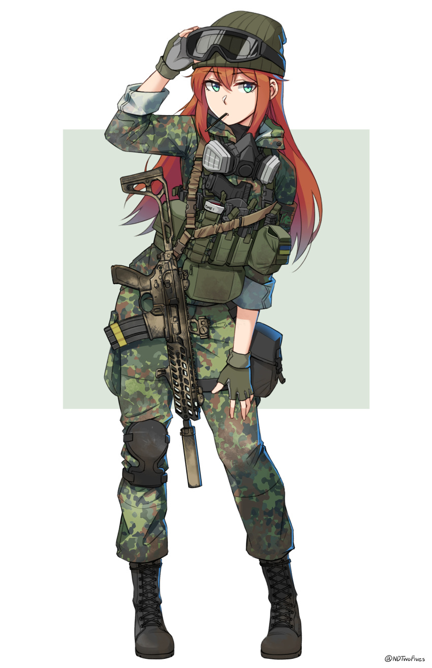 1girl, absurdres, camouflage, camouflage_jacket, camouflage_pants, flecktarn, gas_mask, glock