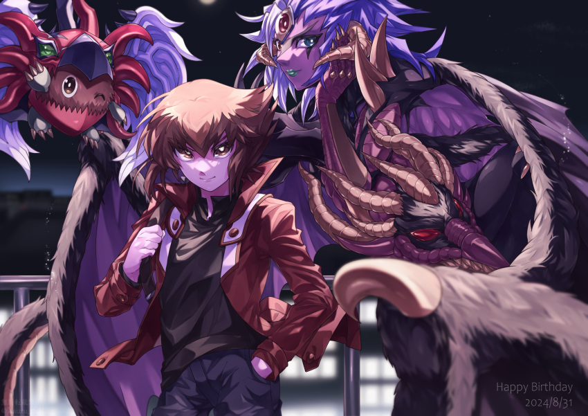 1boy, 1other, aqua_lips, black_shirt, blue_pants, blurry, blurry_foreground, body_fur