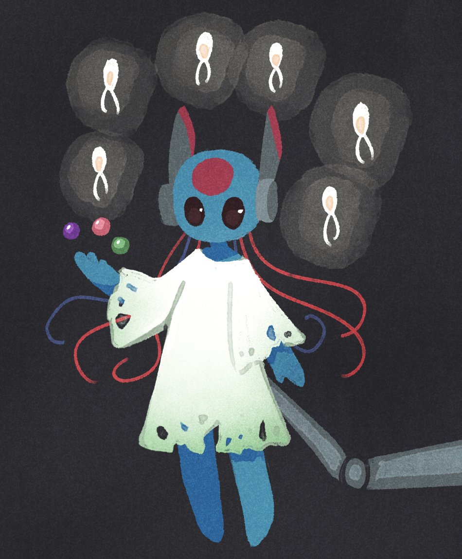 barefoot, black_background, black_eyes, blue_skin, cable, circle_facial_mark, colored_skin, facial_mark, forehead_mark, iterator_(rain_world), looks_to_the_moon, nanachishiro, neuron_fly_(rain_world), no_humans, no_mouth, no_nose, pearl_(rain_world), rain_world, robe, robot, robot_ears, torn, torn_clothes, white_robe