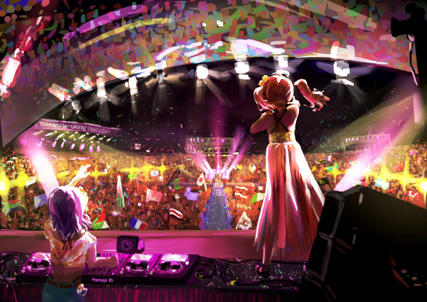 2girls, bare_back, bare_shoulders, belt, cable, canadian_flag, concert, confetti, crowd, d4dj, dj, flag, greek_flag, hair_ornament, harusama, headphones, hidaka_saori, highres, italian_flag, japanese_flag, long_skirt, multiple_girls, night, orange_hair, outdoors, pants, pointing, pointing_forward, purple_hair, seto_rika, shirt, short_hair, skirt, south_african_flag, south_korean_flag, stage, stage_lights, turntable, twintails