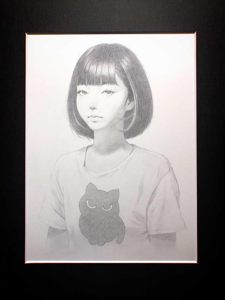 1girl, akane_(birthday_wonderland), animal_print, arms_at_sides, birthday_wonderland, black_border, black_hair, blunt_bangs
