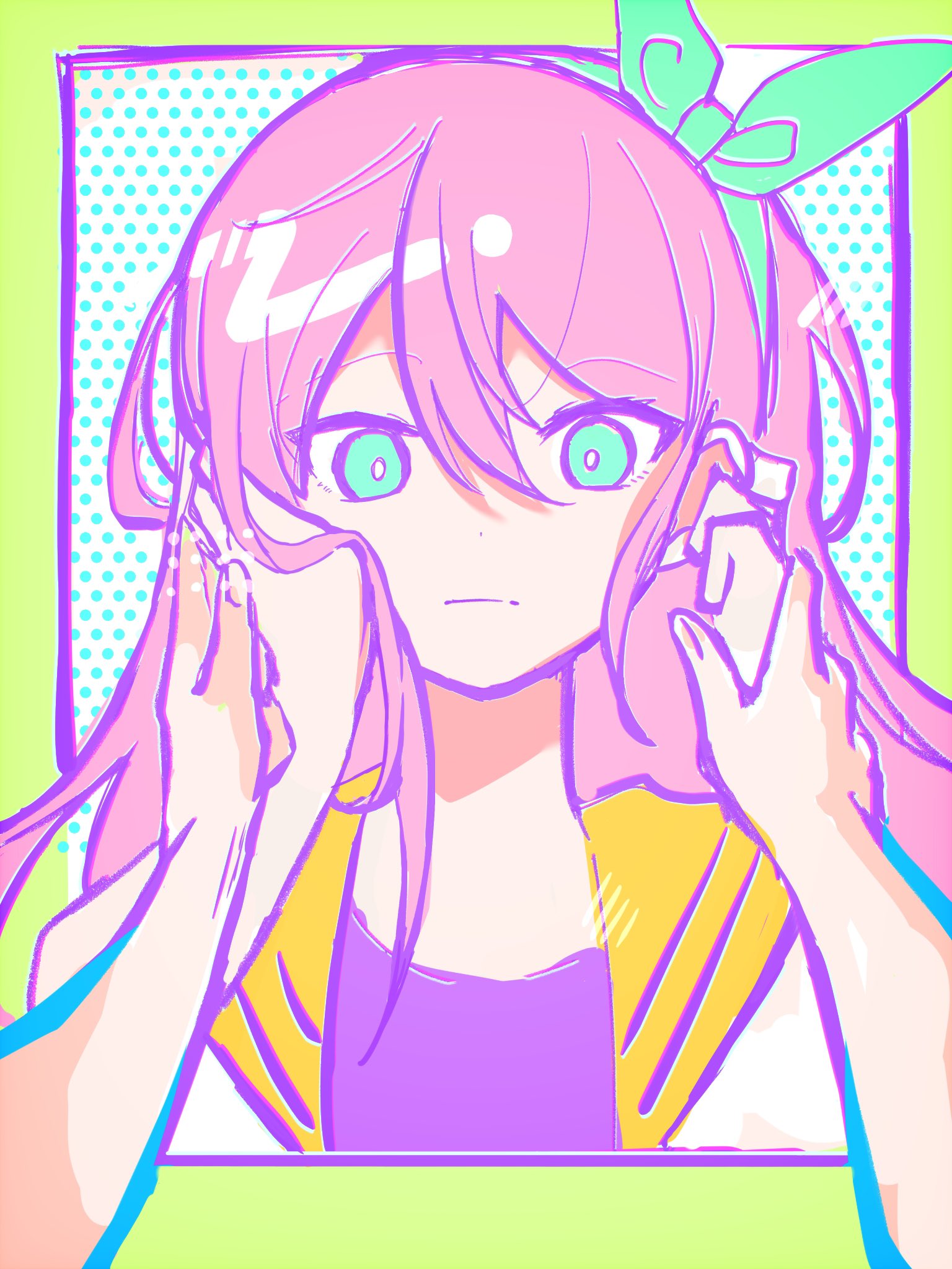 1girl, 1other, aubrey_(faraway)_(omori), aubrey_(omori), blue_eyes, closed_mouth, disembodied_hand, green_hairband