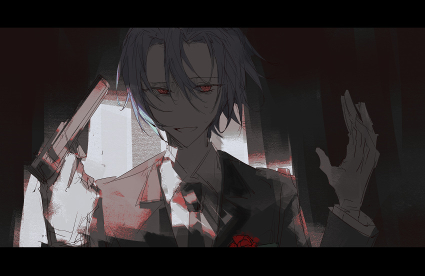 1boy, black_jacket, black_necktie, blazer, blue_hair, chinese_commentary, collared_jacket, collared_shirt