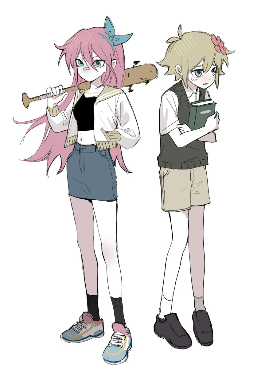 1boy, 1girl, antenna_hair, aubrey_(faraway)_(omori), aubrey_(omori), back-to-back, baseball_bat, basil_(faraway)_(omori)