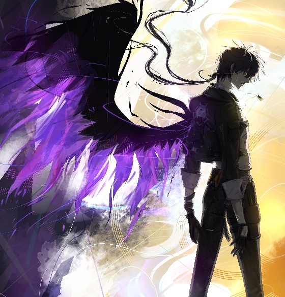 1boy, black_gloves, black_hair, black_jacket, black_wings, cropped_jacket, female_rover_(wuthering_waves), gloves, jacket, male_rover_(wuthering_waves), prolly, rover_(wuthering_waves), wings, wuthering_waves, yellow_eyes