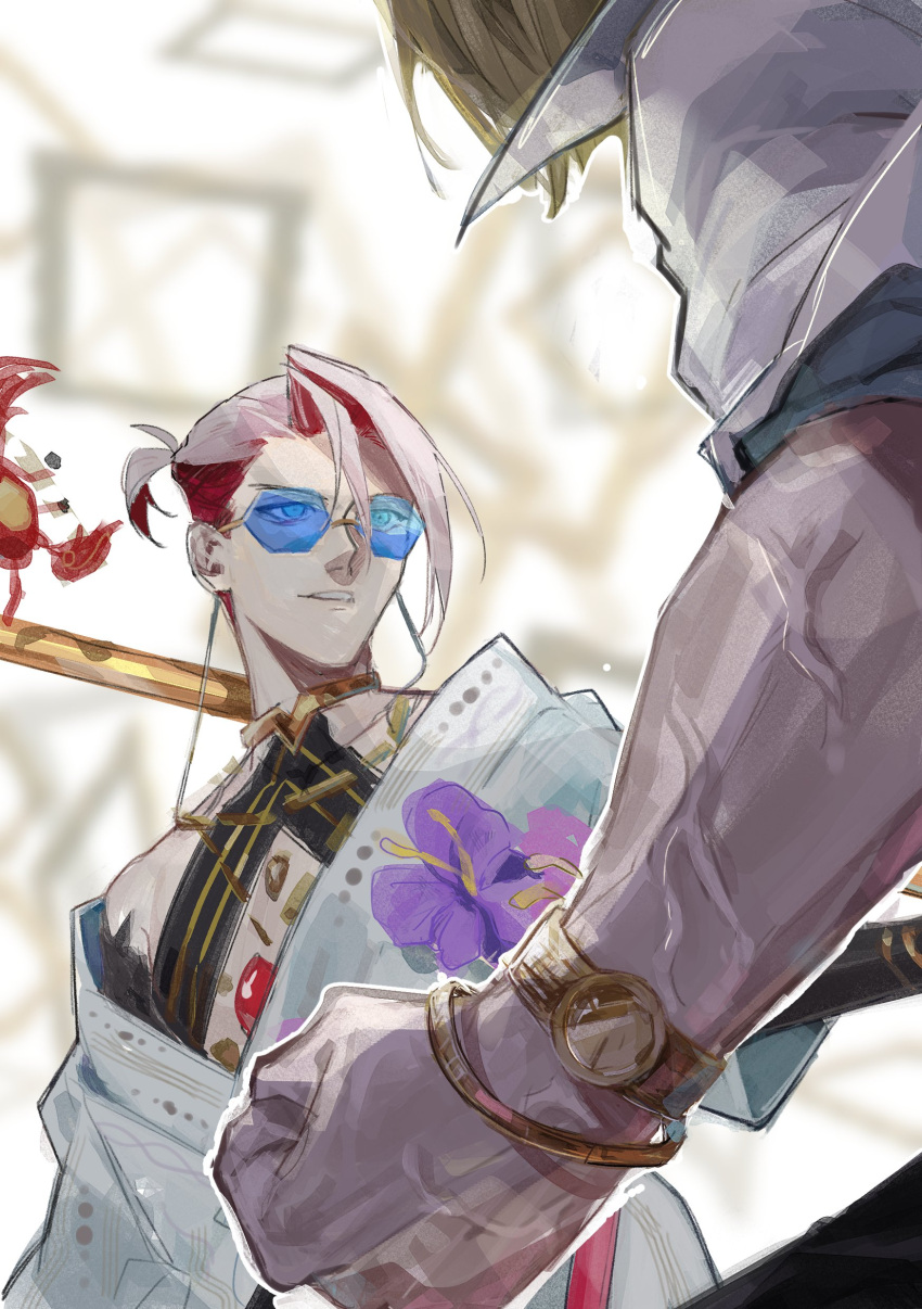 2boys, absurdres, blonde_hair, clenched_hand, colored_inner_hair, fate/grand_order, fate_(series), floral_print