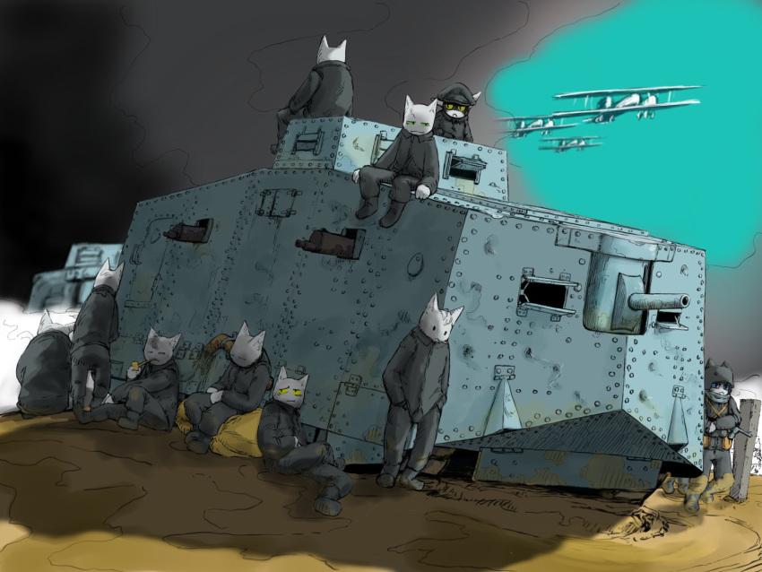 6+boys, a7v_(tank), aircraft, airplane, biplane, blue_sky, cannon, caterpillar_tracks