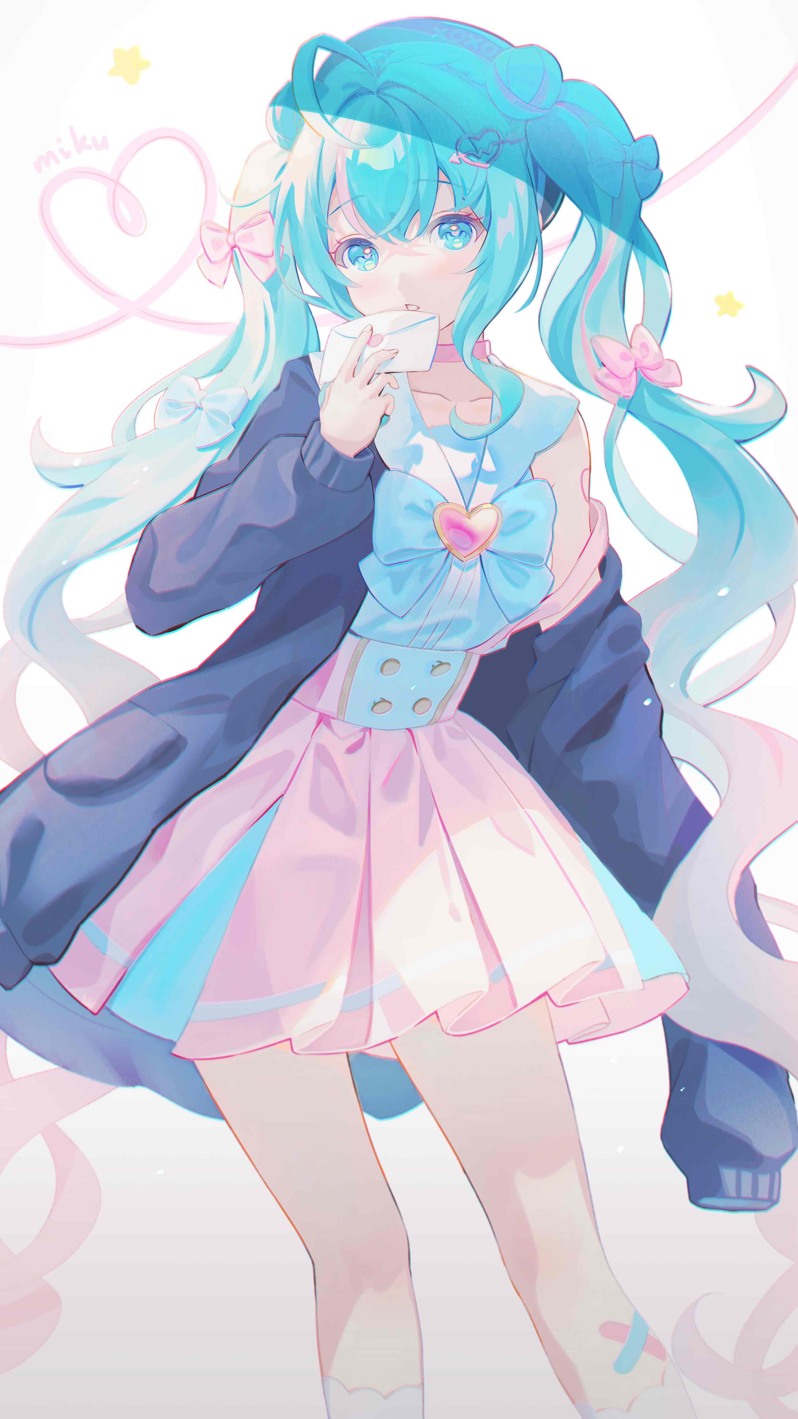 1girl, absurdres, ahoge, aqua_eyes, aqua_hair, bandaid, bandaid_on_leg, blue_bow