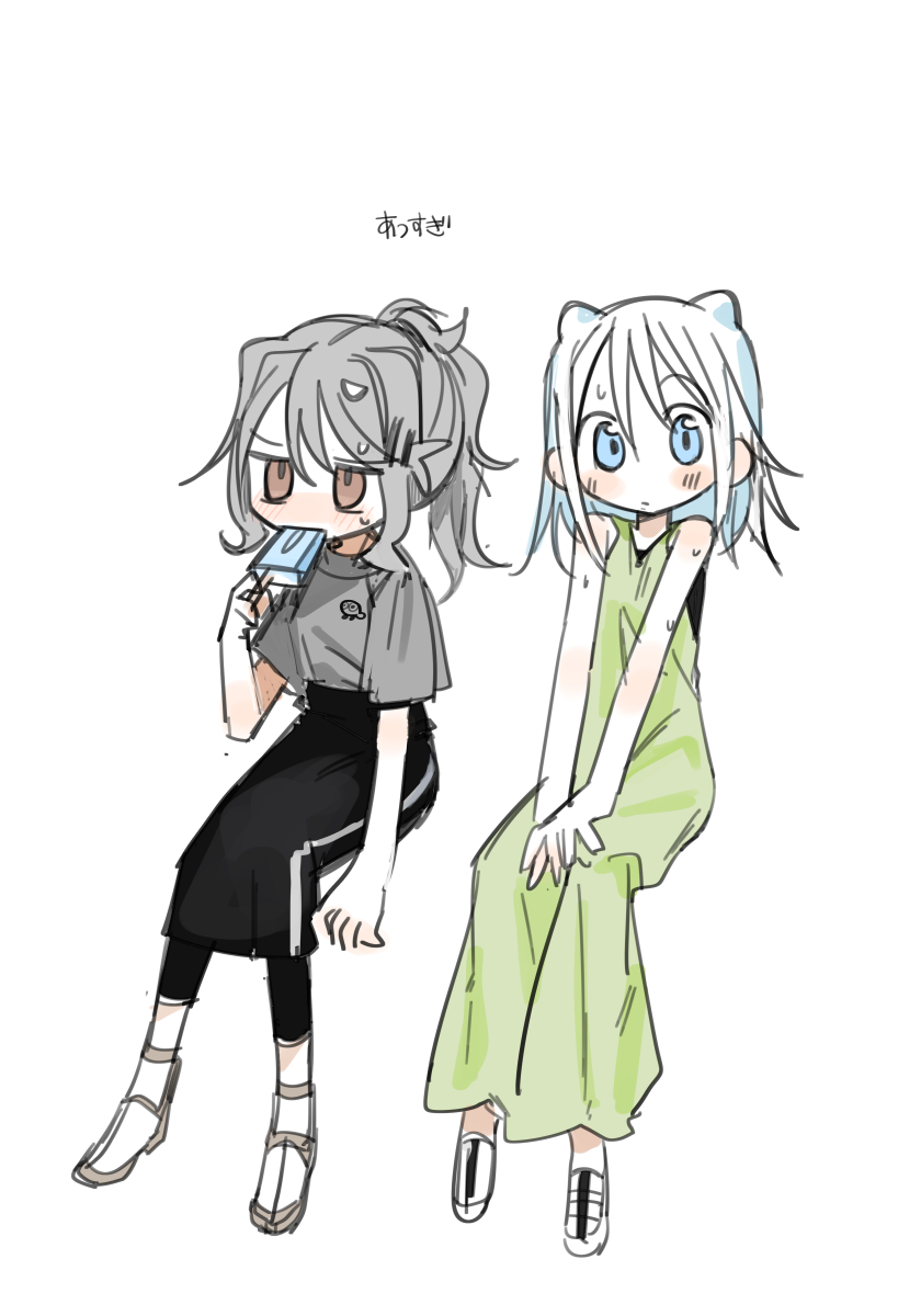 2girls, agoshi_sakina, black_leggings, black_skirt, blue_eyes, brown_eyes, dress, eating