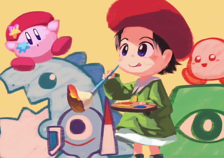 1girl, :o, :q, adeleine, artist_kirby, batamon, beret, black_footwear