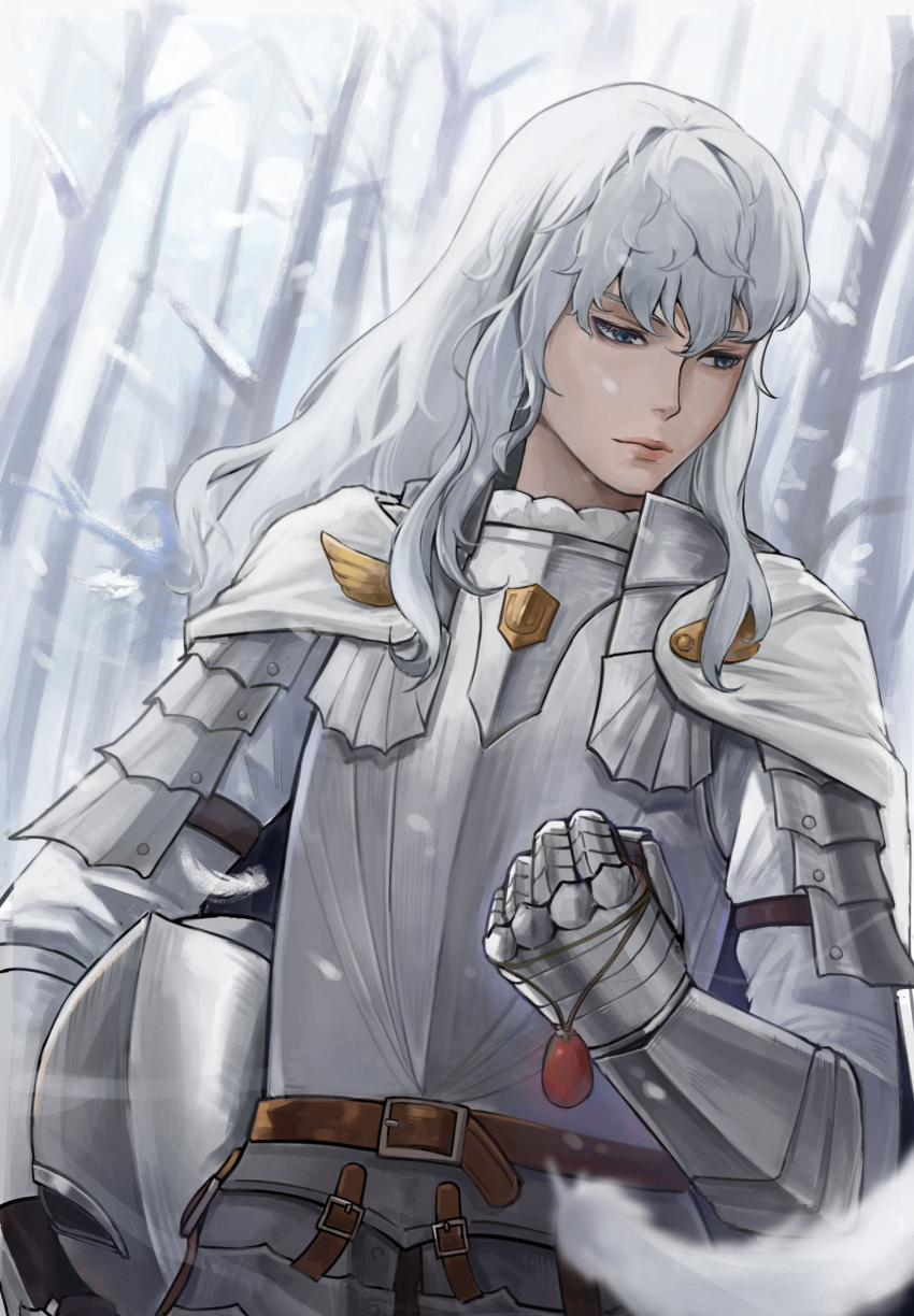 1boy, absurdres, androgynous, armor, behelit, belt, berserk, blue_eyes