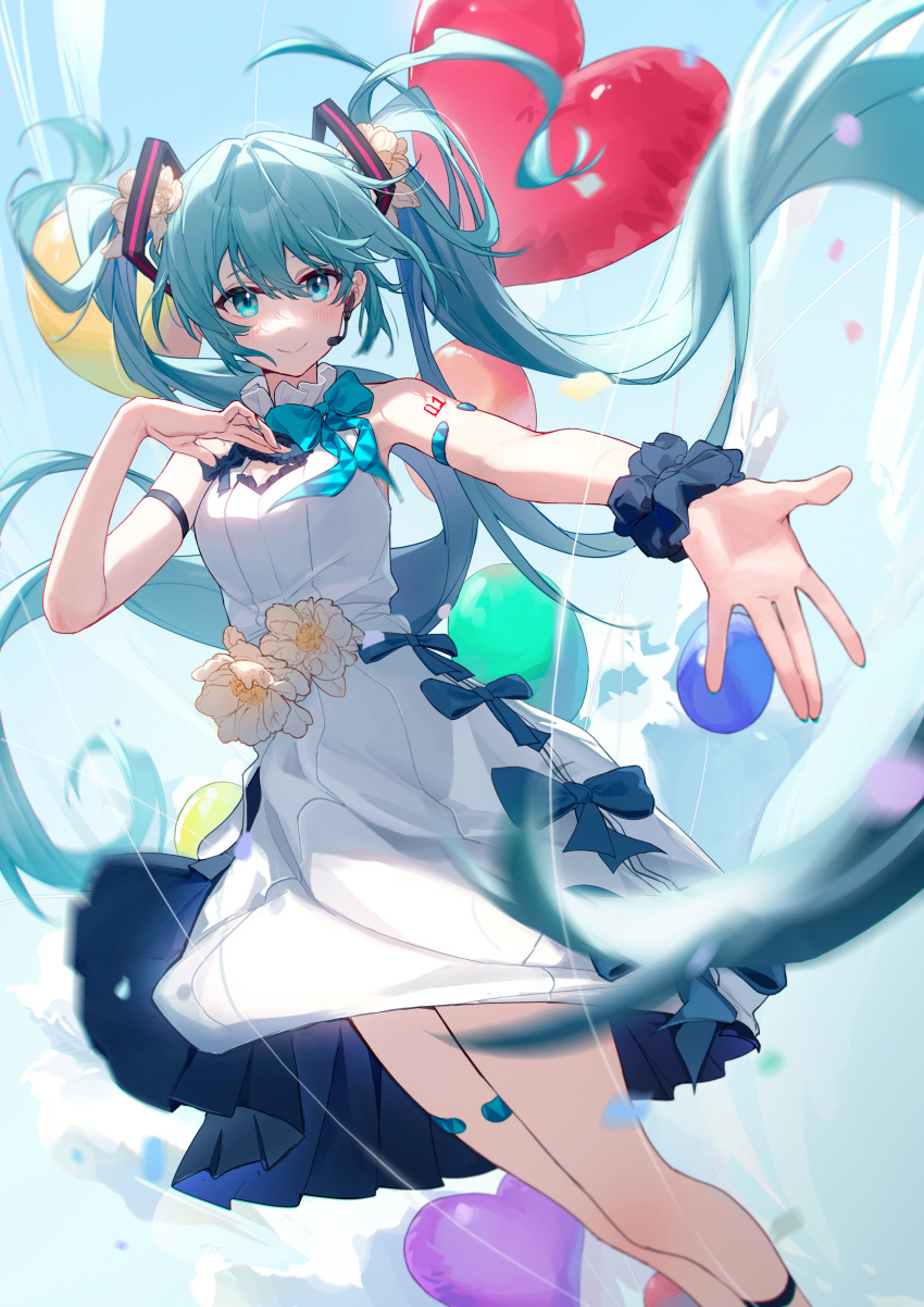 1girl, \||/, absurdres, aqua_bow, arm_strap, balloon, bare_shoulders, black_scrunchie, blue_bow, blurry, blush, bow, chinese_commentary, closed_mouth, commentary, depth_of_field, dress, dress_bow, feet_out_of_frame, floating_clothes, floating_hair, flower, frilled_dress, frills, green_eyes, green_hair, green_nails, hair_between_eyes, hair_flower, hair_ornament, hand_up, hatsune_miku, heart_balloon, highres, long_hair, looking_at_viewer, nail_polish, outstretched_arm, rosem_lin, scrunchie, sleeveless, sleeveless_dress, smile, solo, standing, sundress, twintails, very_long_hair, vocaloid, white_dress, white_flower, wrist_scrunchie