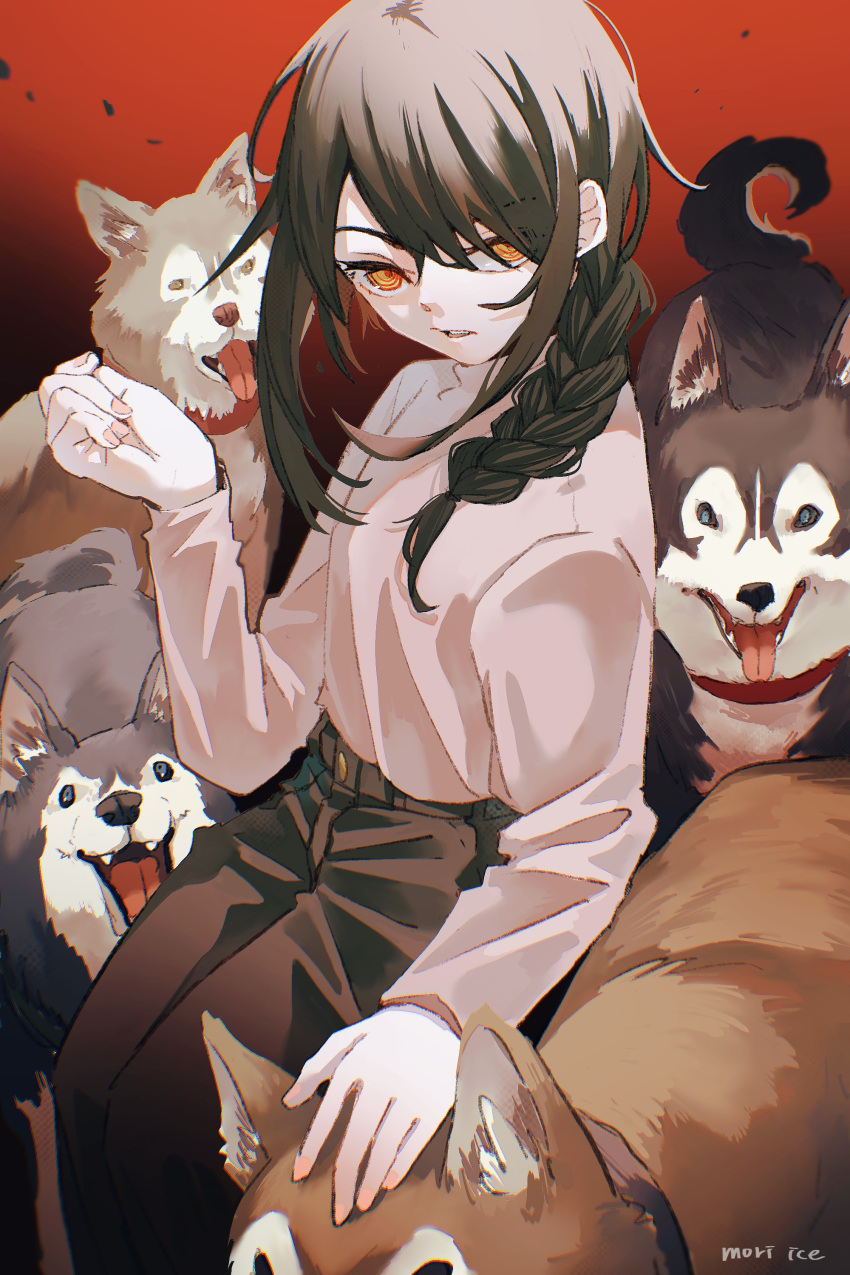 1girl, absurdres, animal, artist_name, black_hair, black_pants, braid, chainsaw_man