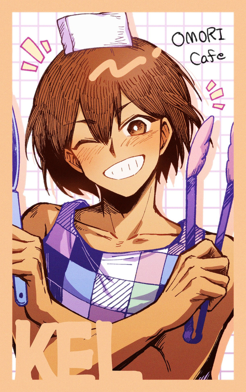 1boy, bright_pupils, brown_eyes, brown_hair, collarbone, cosplay, dark-skinned_male, dark_skin, grin, highres, holding, holding_tongs, kel_(faraway)_(omori), kel_(headspace)_(omori), kel_(headspace)_(omori)_(cosplay), kel_(omori), looking_at_viewer, omori, one_eye_closed, short_hair, smile, solo, tank_top, teeth, tongs, unitaroukun, upper_body, white_pupils