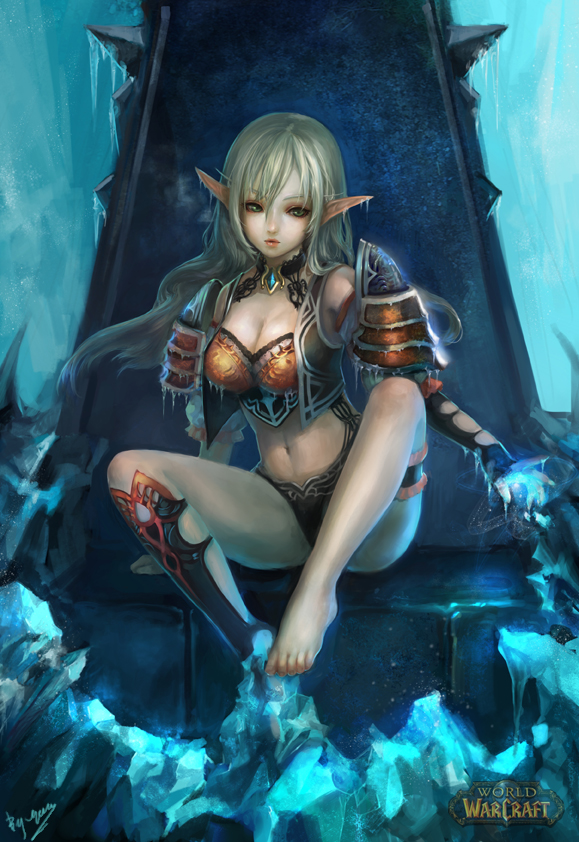 barefoot, breasts, cleavage, death_knight, elf, feet, ice, long_hair