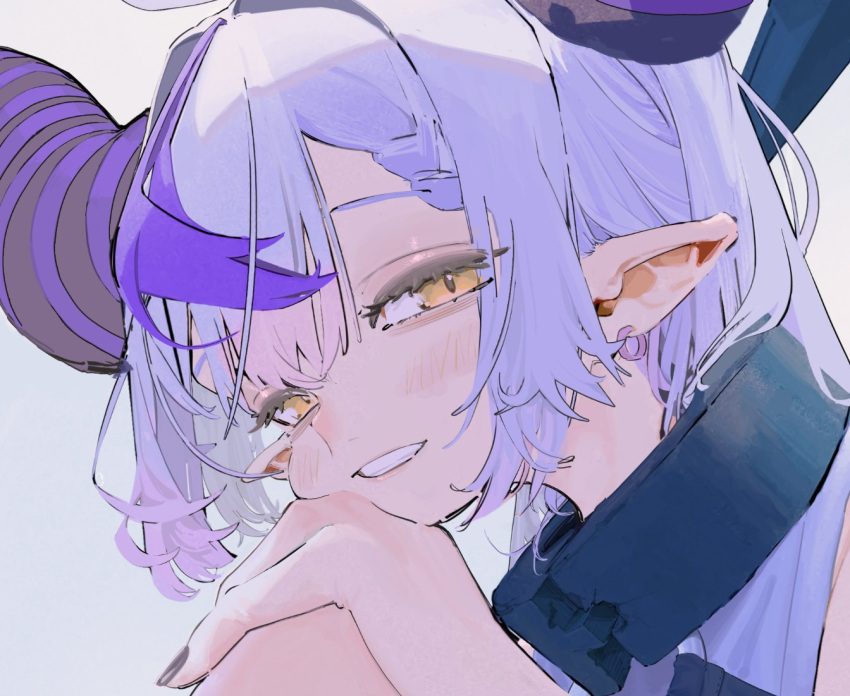 1girl, 87yanagi, ahoge, black_nails, blush, collar, commentary_request, demon_horns