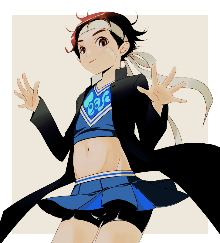 bandaid, bike_shorts, brown_eyes, brown_hair, cheerleader, crossdressinging, genda, headband
