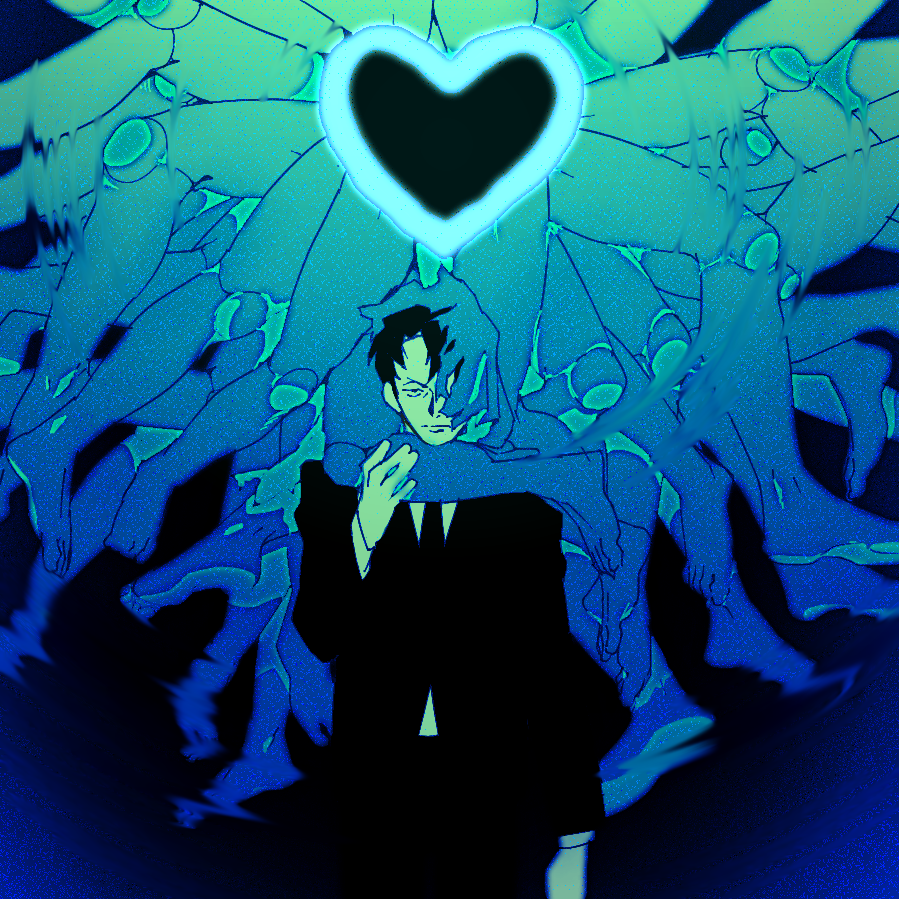 1boy, black_hair, black_jacket, black_necktie, blue_star, closed_mouth, disembodied_foot, e.g.o_(project_moon)