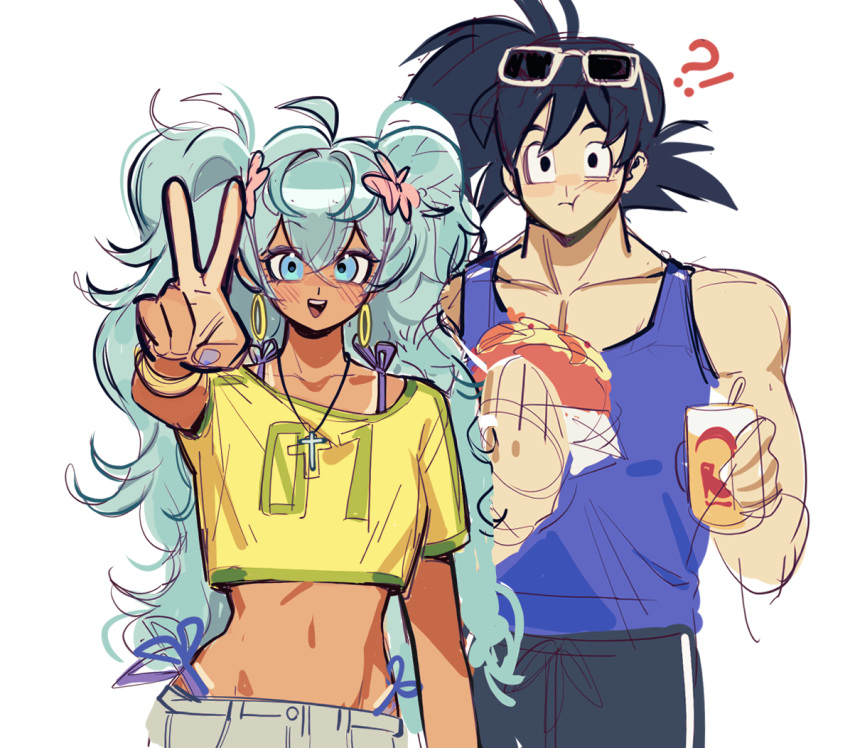 !?, 1boy, 1girl, alternate_costume, aqua_hair, beer_can, bikini, bikini_under_clothes