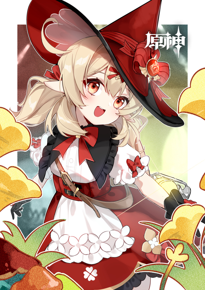 1girl, :d, a-pose, absurdres, black_gloves, blush, bow, chinese_commentary