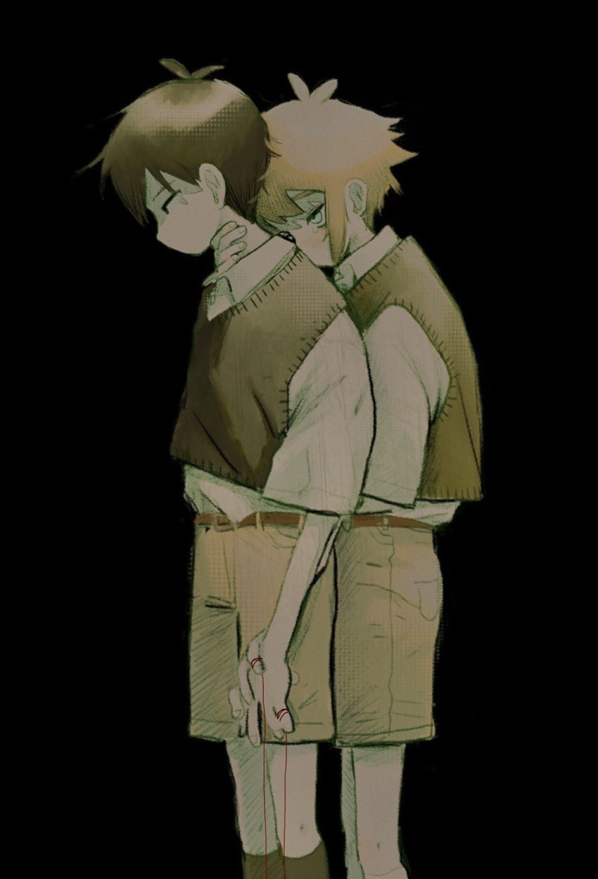2boys, antenna_hair, basil_(faraway)_(omori), basil_(omori), belt, black_background, black_eyes, black_hair, black_socks, black_sweater_vest, brown_belt, brown_shorts, collared_shirt, green_sweater_vest, hand_on_another's_neck, highres, kneehighs, male_focus, multiple_boys, omori, shirt, short_hair, shorts, simple_background, socks, sunny_(omori), sweater_vest, tate_ware_anal, white_shirt