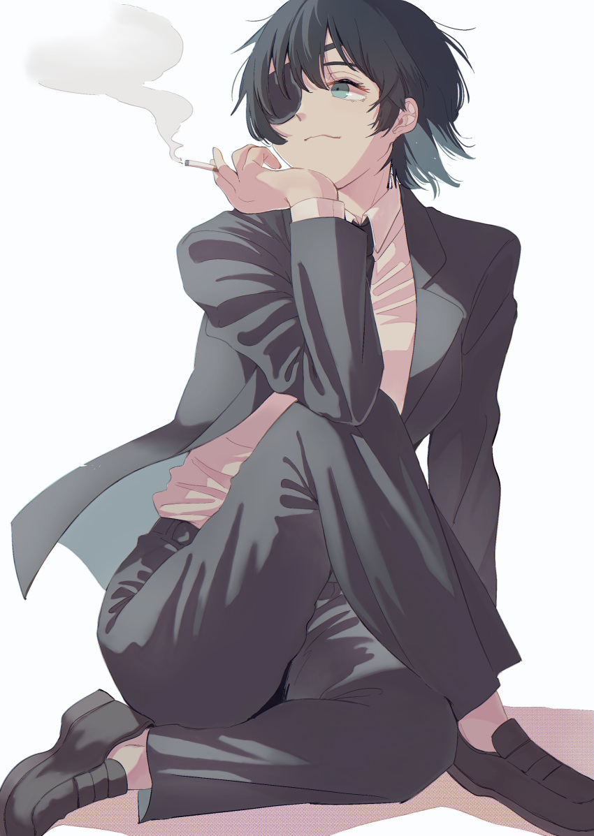 1girl, absurdres, black_footwear, black_hair, black_jacket, black_necktie, black_pants, blazer, blue_eyes, business_suit, chainsaw_man, cigarette, closed_mouth, collared_shirt, highres, himeno_(chainsaw_man), holding, holding_cigarette, ice_morinaka, jacket, long_sleeves, medium_bangs, necktie, pants, shirt, shoes, short_hair, simple_background, sitting, smile, smoke, solo, suit, white_background, white_shirt