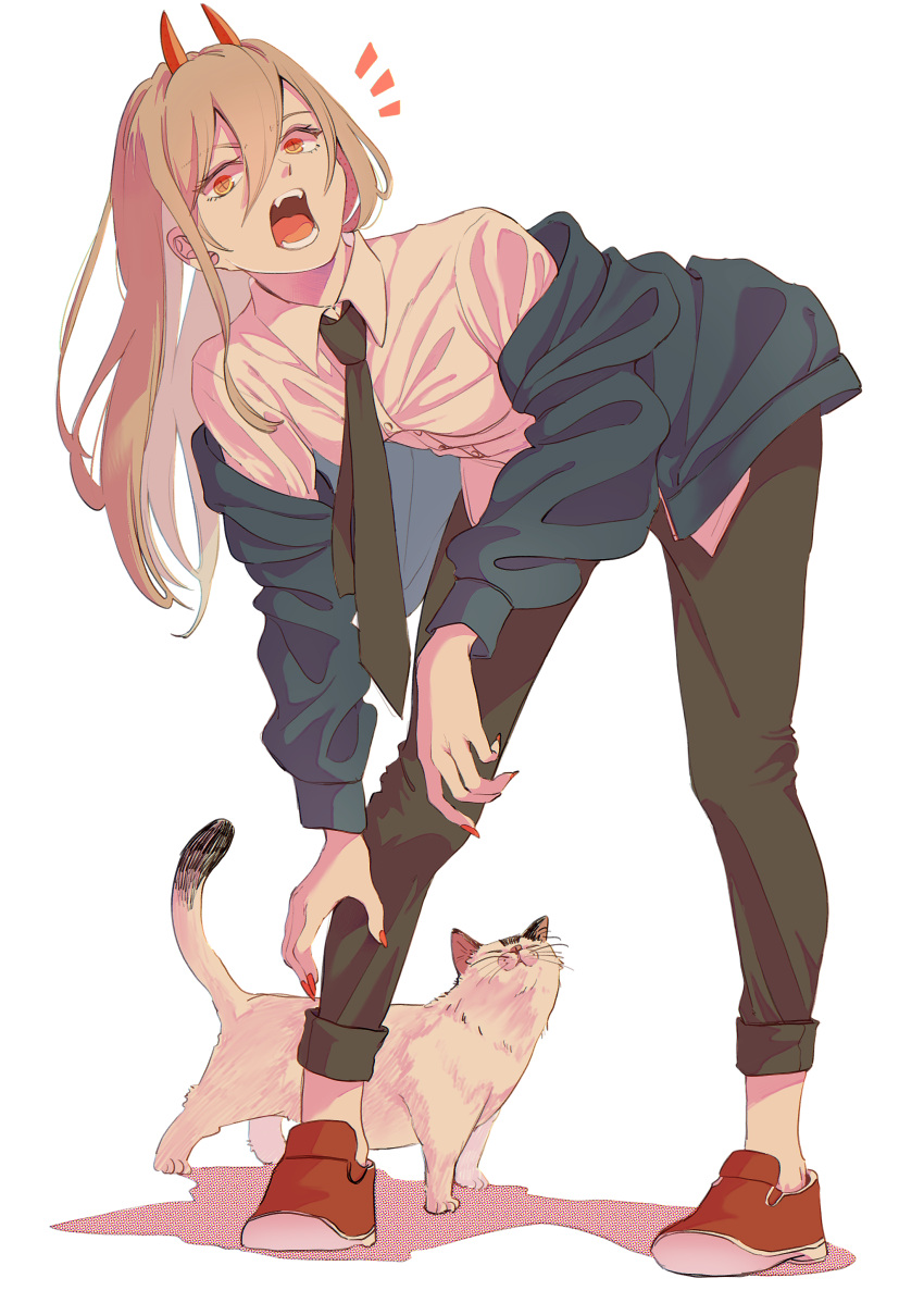 1girl, absurdres, animal, bent_over, black_necktie, black_pants, blonde_hair, blue_jacket