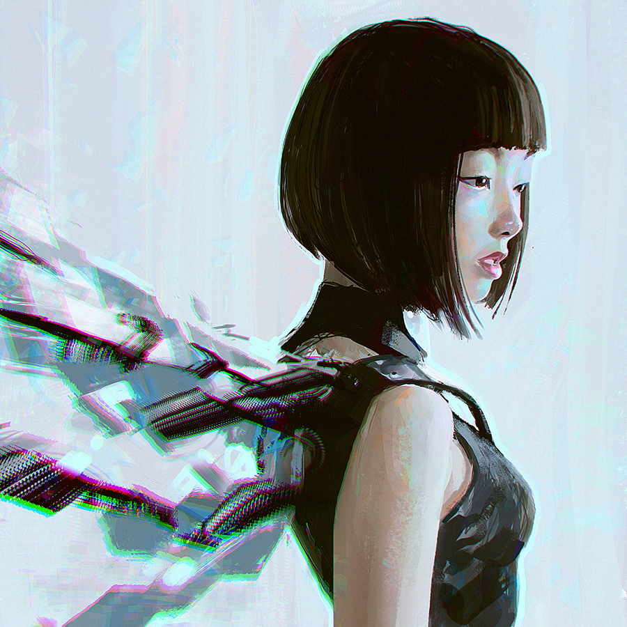 1girl, arms_at_sides, bare_shoulders, black_eyes, black_hair, black_shirt, blunt_bangs, blunt_ends, bob_cut, breasts, chromatic_aberration, commentary, dated_commentary, epicanthic_folds, expressionless, from_side, ilya_kuvshinov, inverted_bob, lips, lipstick, looking_afar, looking_ahead, makeup, mechanical_wings, nose, original, parted_lips, photo-referenced, pink_lips, profile, realistic, shirt, short_hair, sleeveless, sleeveless_turtleneck, small_breasts, solo, turtleneck, upper_body, very_short_hair, white_background, white_wings, wings