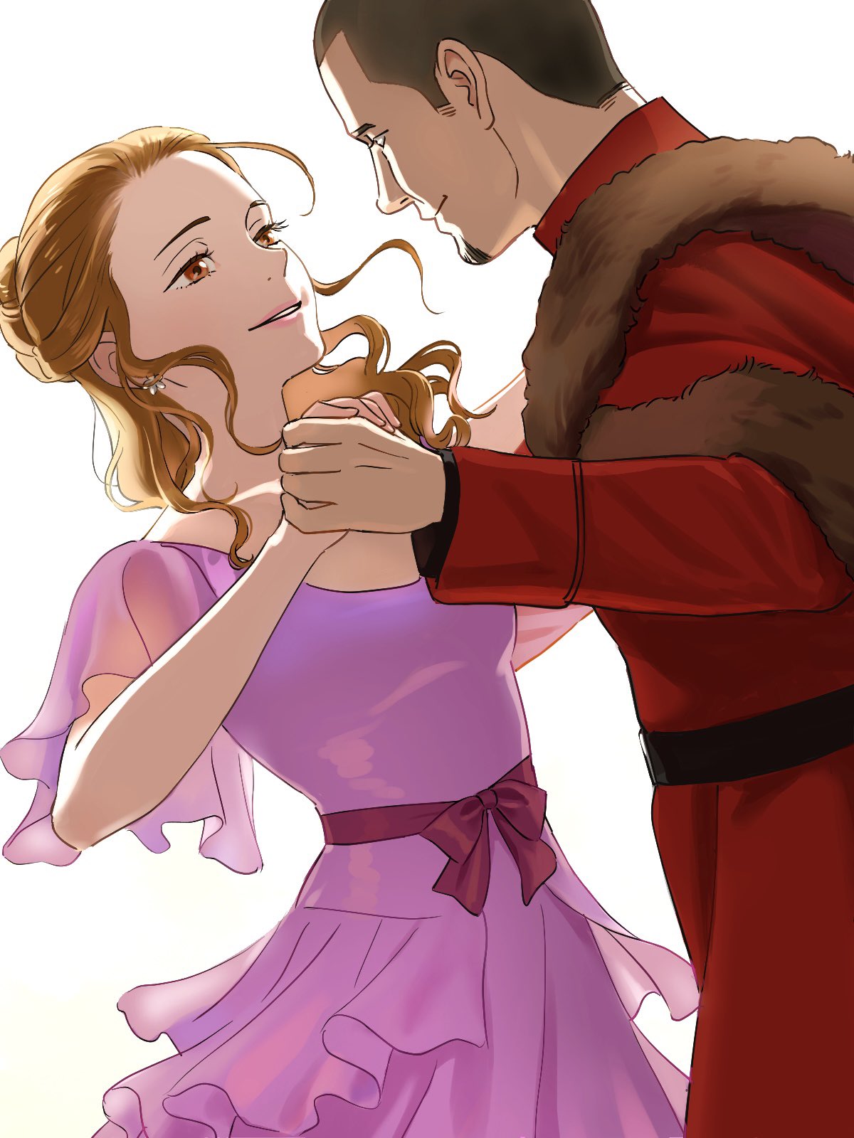 1boy, 1girl, brown_eyes, buzz_cut, coat, commentary_request, dancing, dress, earrings, eye_contact, eyelashes, facial_hair, floating_hair, goatee, hair_bun, half_updo, harry_potter_(series), hermione_granger, highres, holding_hands, izumi_seguchi, jewelry, light_brown_hair, long_sleeves, looking_at_another, pink_dress, pink_lips, red_coat, short_hair, short_sleeves, sideburns, simple_background, smile, very_short_hair, viktor_krum, white_background, wizarding_world