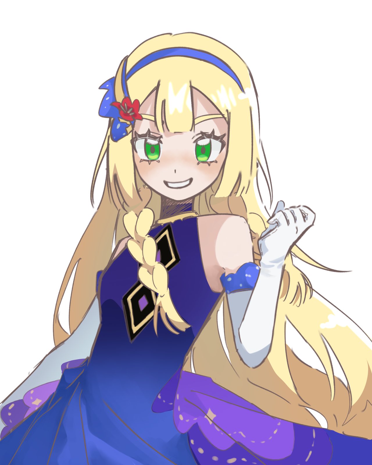 1girl, bare_shoulders, blonde_hair, blue_hairband, braid, dress, elbow_gloves, eyelashes, gloves, green_eyes, hairband, highres, lillie_(anniversary_2021)_(pokemon), lillie_(pokemon), long_hair, looking_at_viewer, official_alternate_costume, pokemon, pokemon_masters_ex, purple_dress, seonghak80, sleeveless, sleeveless_dress, smile, solo, twin_braids, upper_body, white_background, white_gloves
