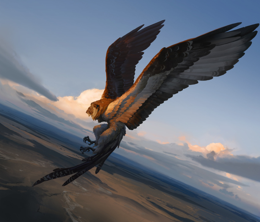 animal_focus, axelsauerwald, bird_tail, bird_wings, blue_sky, chimera, clouds, day, feathered_wings, field, from_side, full_body, highres, horizon, mane, midair, monster, no_humans, original, outdoors, realistic, sky, solo, tail, talons, wings