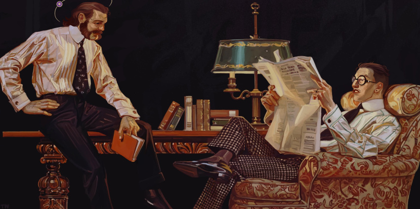 2boys, beard, beard_over_mouth, black_background, black_footwear, black_hair, black_necktie, black_pants, black_socks, book, book_stack, brown_eyes, brown_hair, buttons, collared_shirt, desk_lamp, disco_elysium, earrings, facial_hair, figure_four_sitting, fine_art_parody, foot_out_of_frame, formal, full_body, glasses, hair_slicked_back, hand_on_own_hip, harry_du_bois, highres, holding, holding_book, holding_newspaper, j._c._leyendecker_(style), jewelry, kim_kitsuragi, lamp, long_sleeves, looking_at_another, male_focus, multiple_boys, mustache_stubble, necktie, newspaper, on_chair, on_table, pants, parody, parted_bangs, plaid_clothes, plaid_pants, reading, ring, shirt, silver_ring, sitting, sitting_on_table, socks, striped_clothes, striped_shirt, stubble, stud_earrings, table, time_woods, vertical-striped_clothes, vertical-striped_shirt, white_shirt, wooden_table