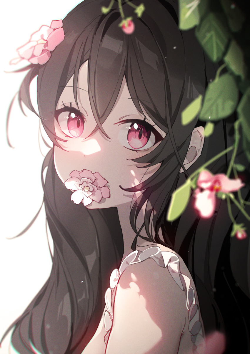 1girl, absurdres, black_hair, blurry, blush, close-up, commentary, crossed_bangs, dappled_sunlight, depth_of_field, eyelashes, film_grain, flower, flower_in_mouth, from_side, hair_between_eyes, hair_flower, hair_ornament, highres, leaf, long_hair, looking_at_viewer, original, pink_flower, red_eyes, rosem_lin, simple_background, single_bare_shoulder, solo, sunlight, symbol-only_commentary, white_background
