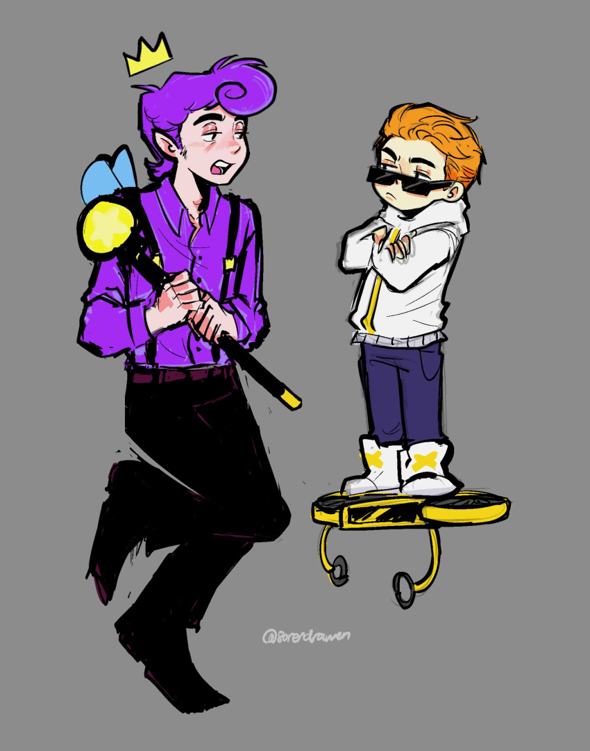 2boys, animification, artist_name, black-framed_eyewear, black_pants, child, crossed_arms, crown