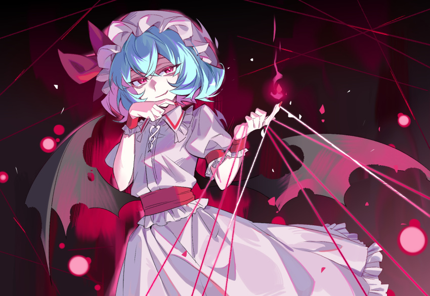 1girl, bat_wings, black_wings, blue_hair, bow, collared_shirt, commentary, fingernails