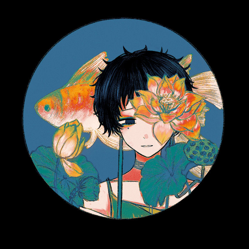 1boy, black_eyes, black_hair, blue_camisole, camisole, chinese_commentary, commentary_request, fish