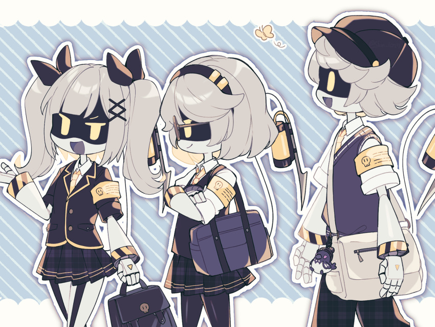 1boy, 2girls, adapted_costume, arm_at_side, armband, bag, black_bag, black_bow