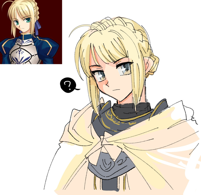 2girls, ?, antenna_hair, artoria_pendragon_(fate), blonde_hair, boned-woo, cloak, elden_ring