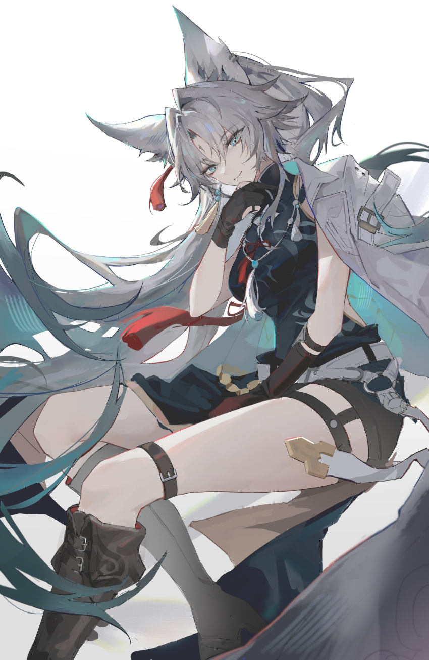 1girl, absurdres, animal_ear_piercing, animal_ears, belt, camellia1nsnow, chinese_clothes, coat