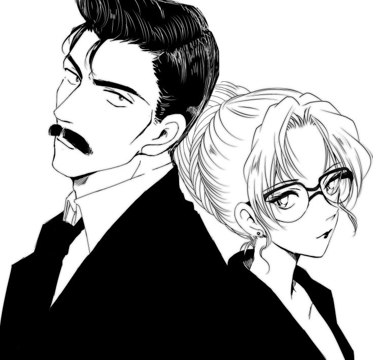 1boy, 1girl, closed_mouth, commentary_request, facial_hair, glasses, greyscale, hair_bun