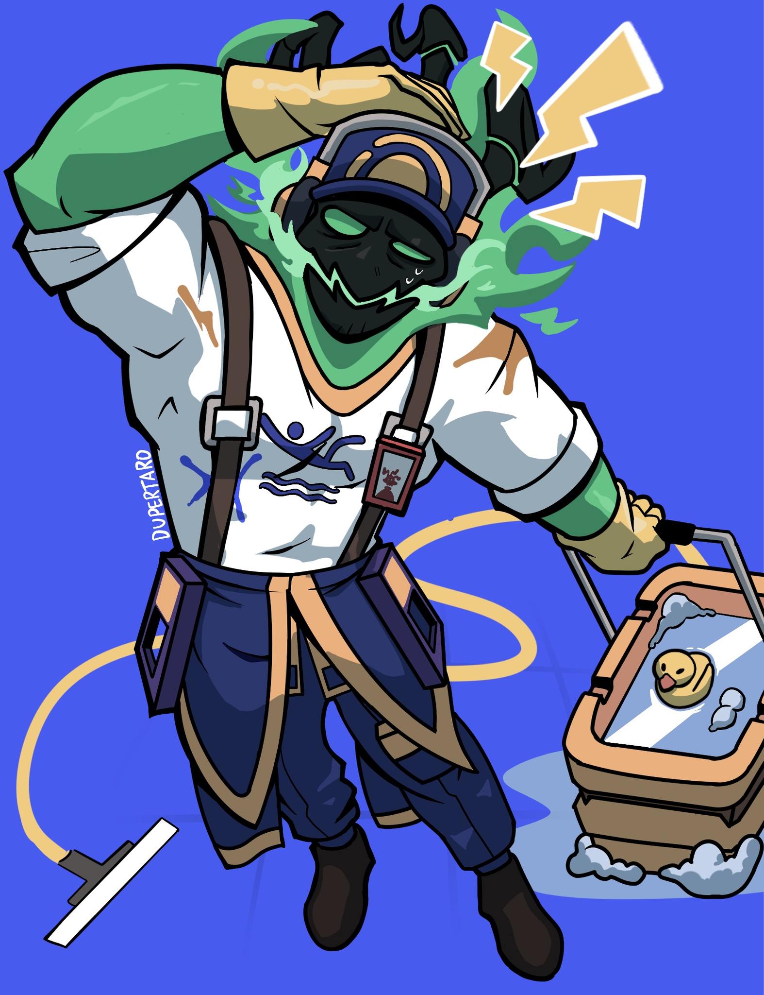 1boy, blue_background, boots, dupertaro, gloves, hand_on_own_head, highres, league_of_legends, looking_at_viewer, pants, rubber_duck, rubber_gloves, shirt, shoes, simple_background, solo, standing, suspenders, sweat, thresh_(league_of_legends)