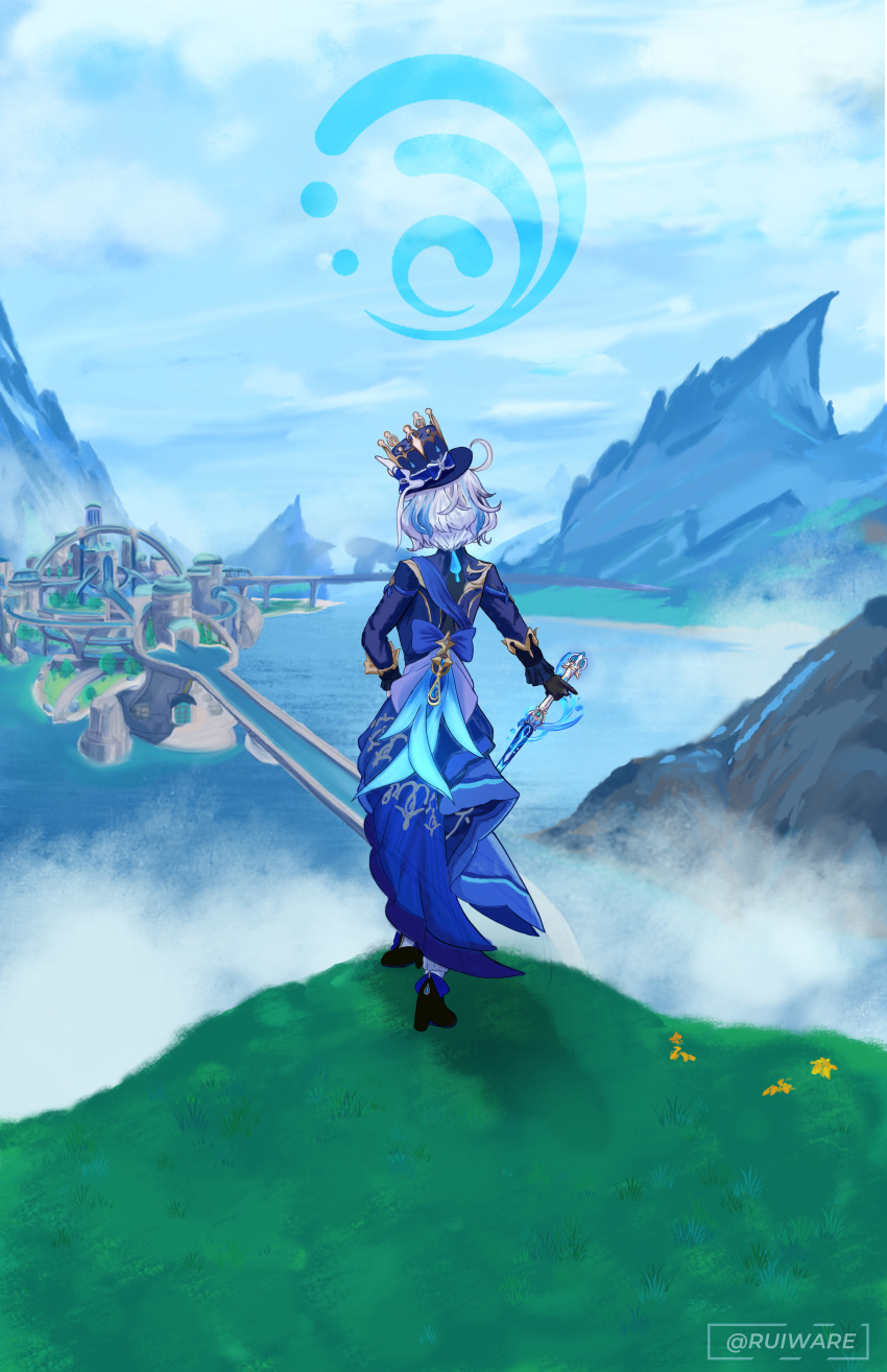 1girl, absurdres, ahoge, black_footwear, black_gloves, blue_hat, blue_jacket, blue_sky, blue_streaks, boots, bow, city, commentary, day, english_commentary, fontaine, from_behind, full_body, furina_(genshin_impact), genshin_impact, gloves, grass, hand_on_own_hip, hat, highres, holding, holding_sword, holding_weapon, hydro_symbol_(genshin_impact), jacket, lake, long_sleeves, mountain, multicolored_hair, ouji_fashion, outdoors, ruiware, scenery, short_hair, sky, solo, splendor_of_tranquil_waters_(genshin_impact), streaked_hair, sword, top_hat, twitter_username, water, weapon, white_hair