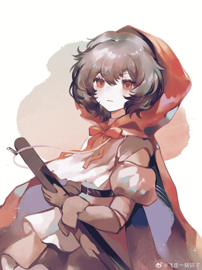 1girl, black_hair, brown_dress, brown_gloves, cape, dress, fei_zou_yi_guo_gezi, gloves