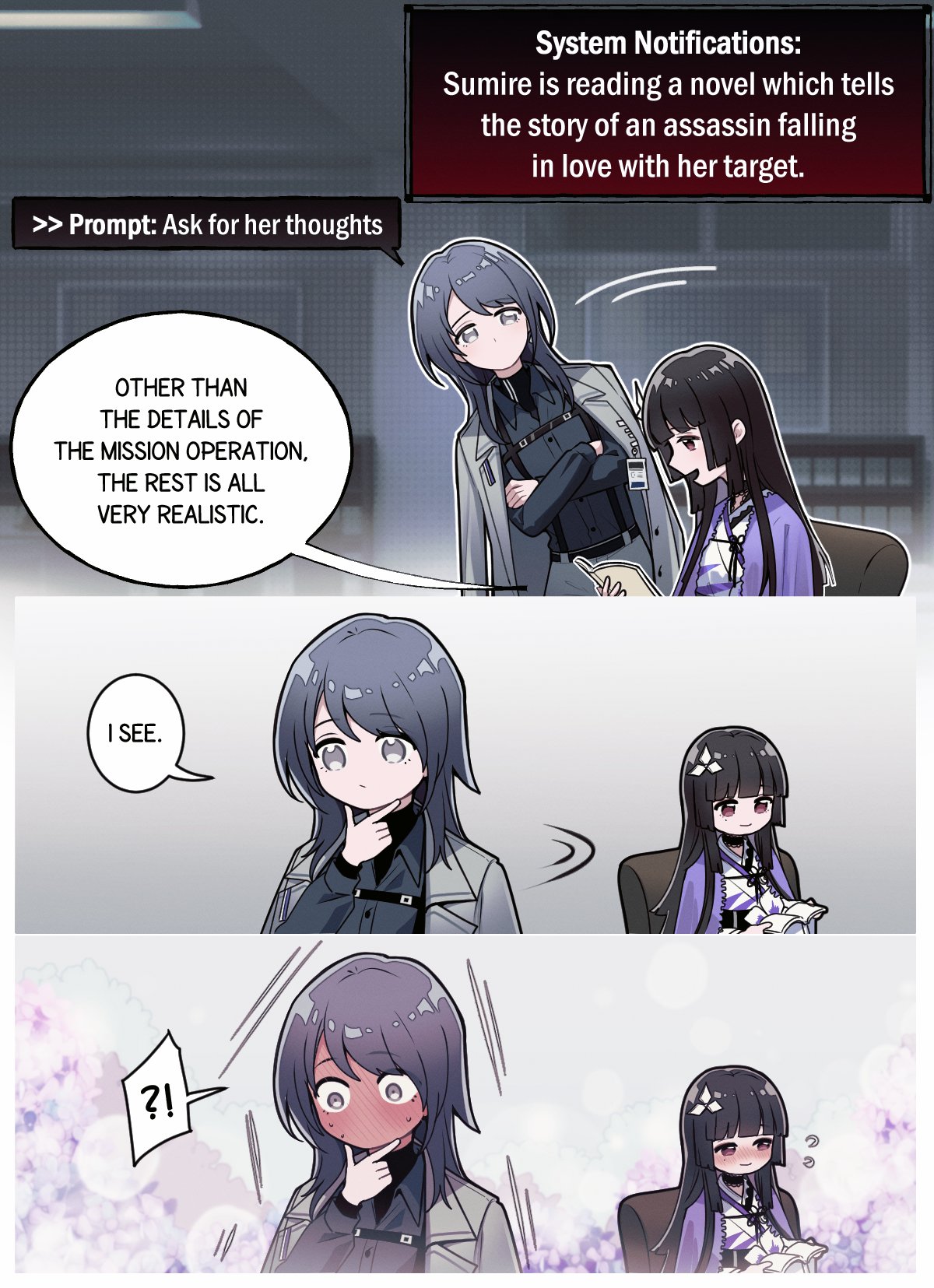 !?, 2girls, angon623, black_hair, black_shirt, blush, book, chief_(path_to_nowhere)