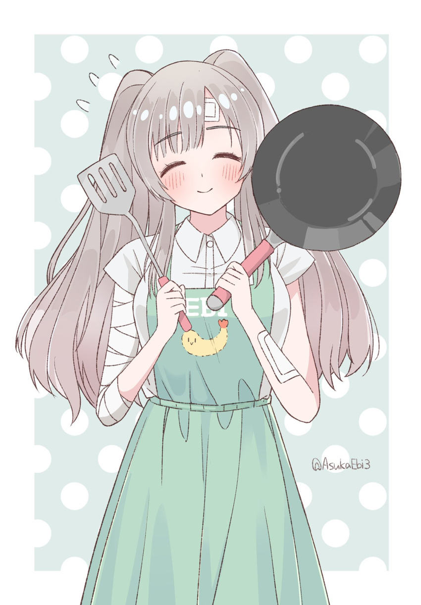 1girl, ^_^, apron, asukaebi3, bandages, bandaid, bandaid_on_arm, blue_background