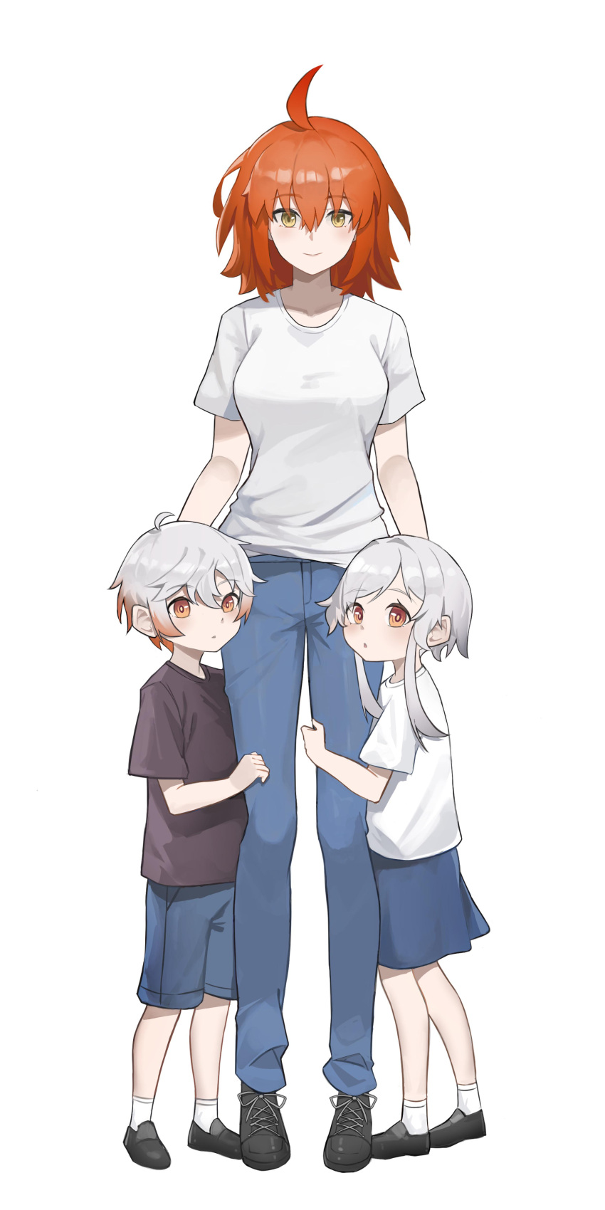 1boy, 2girls, absurdres, ahoge, black_footwear, black_shirt, blue_pants, breasts