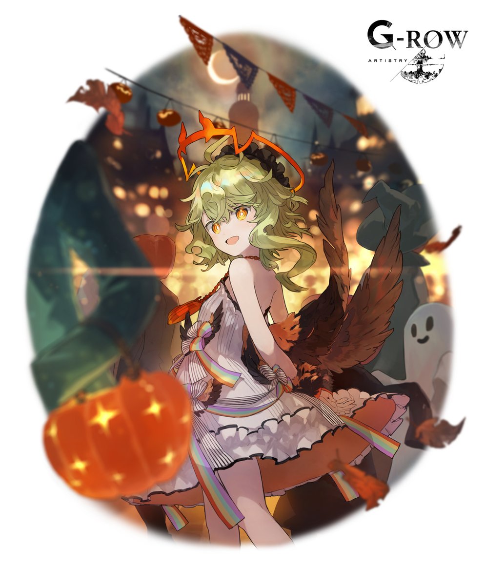 :d, bare_shoulders, brown_wings, crescent_moon, dress, ghost, gjallarhorn_(phantom_of_the_kill), green_hair