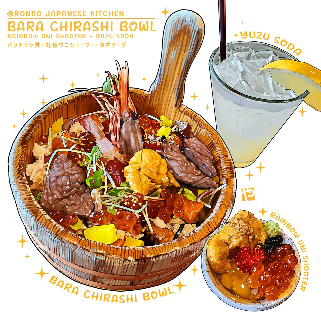 chirashi_(food), cup, drinking_glass, fish_(food), food, food_focus, food_name, fruit